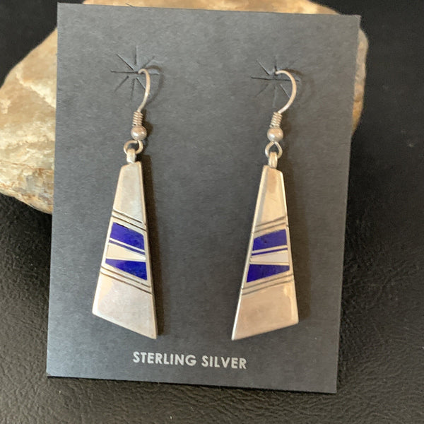 Navajo Inlay Lapis Lazuli Dangle Earrings 1.5" | Sterling Silver | Authentic Native American Handmade | 13028