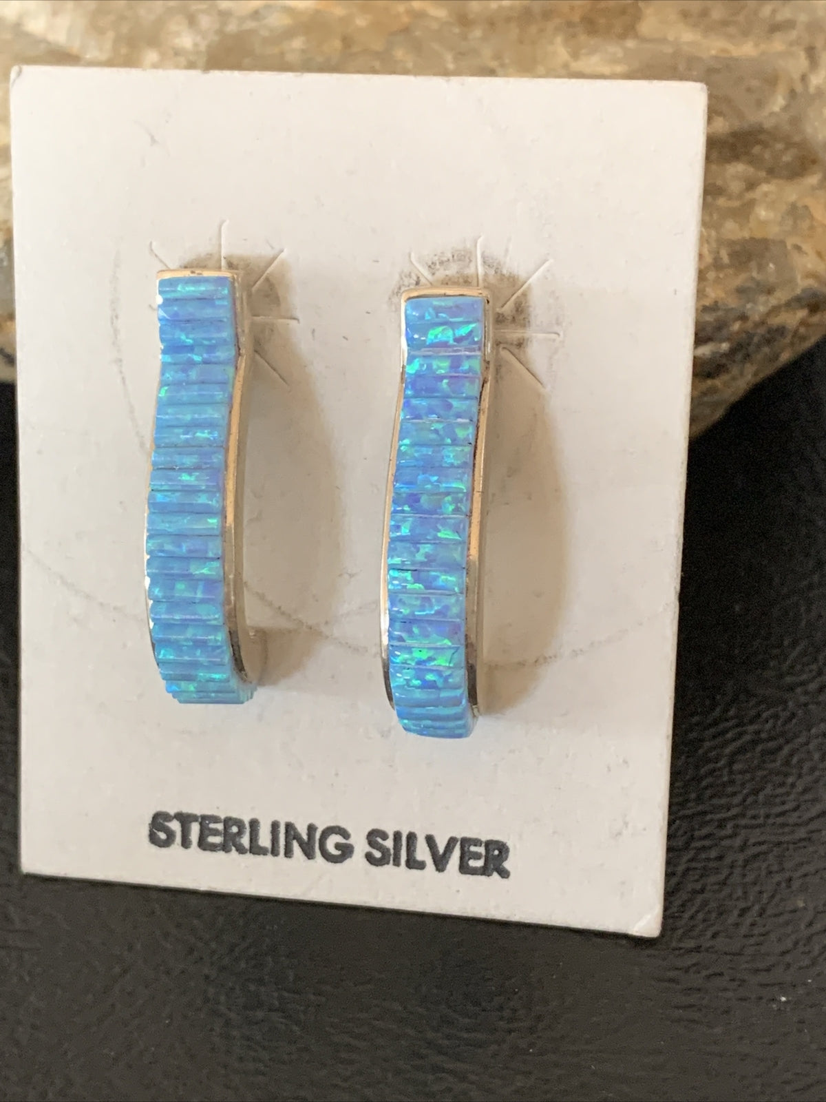 Blue Opal Inlay Navajo Sterling Silver Hoop Earrings 1" 1718