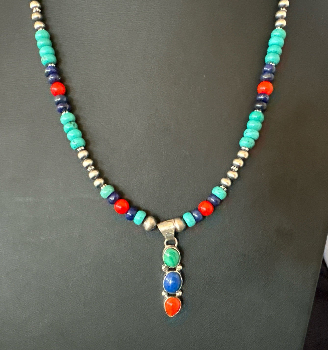 Multicolor Turquoise Coral Navajo Sterling Silver Cluster Pendant Necklace 19646