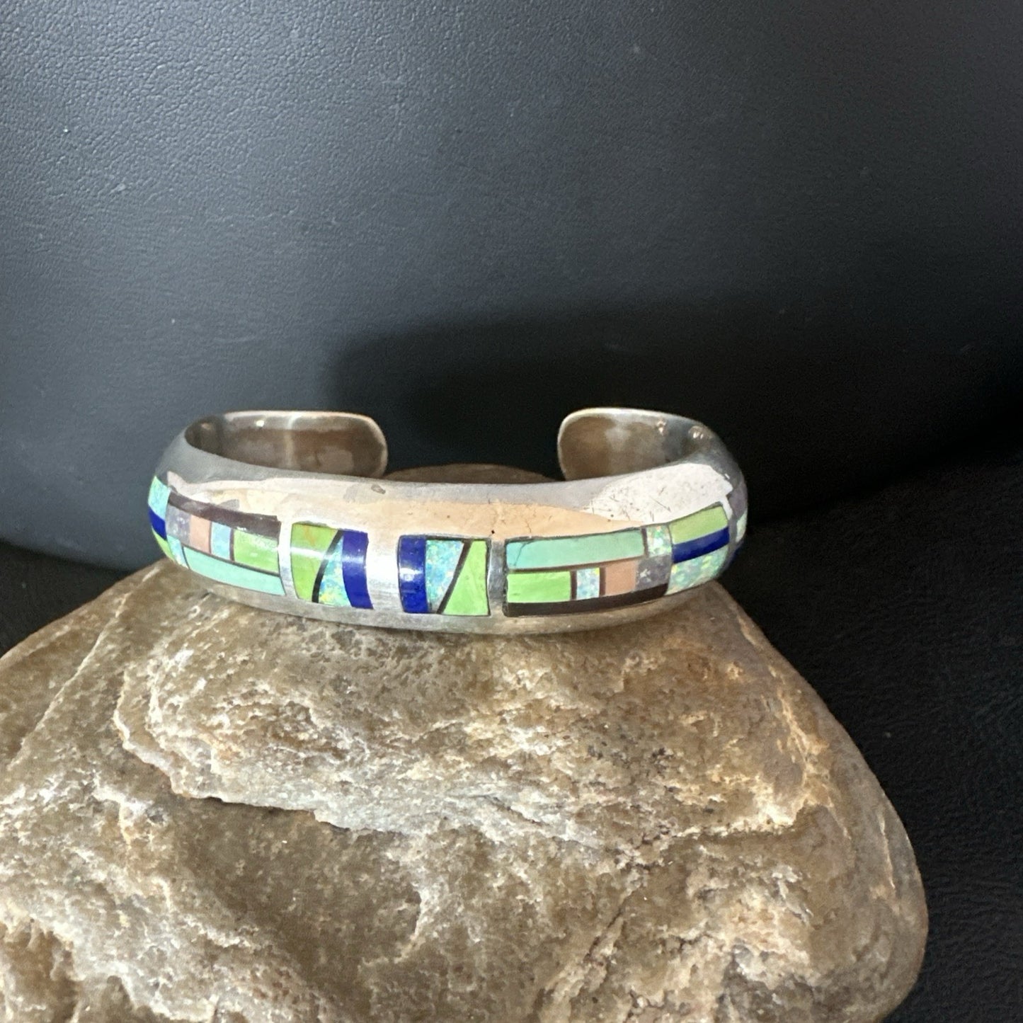 Womens Green Turquoise Lapis Navajo Sterling Silver Inlay Cuff Bracelet 19037