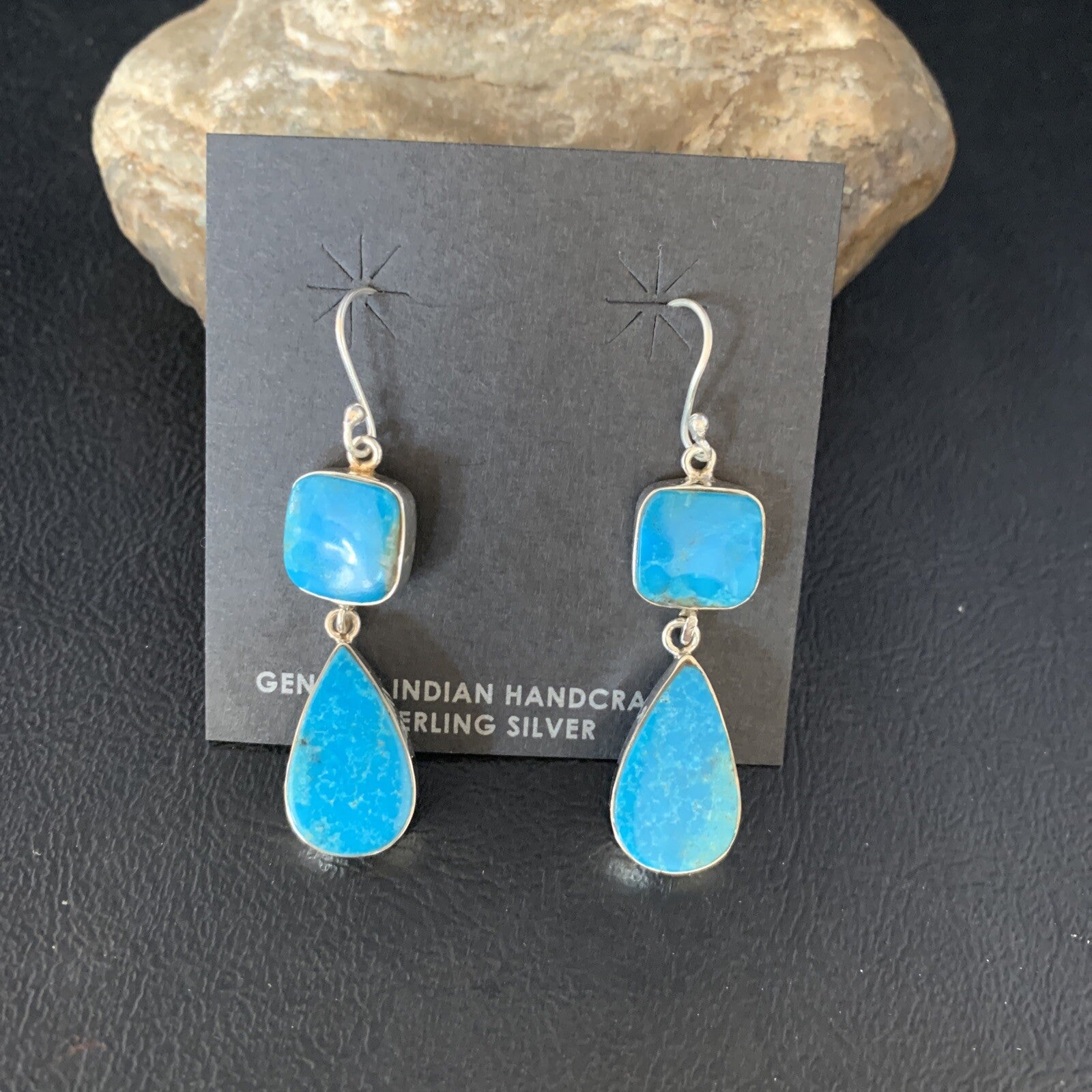 Kingman Turquoise Handmade Navajo Sterling Silver Dangle Earrings 1.5" 14012