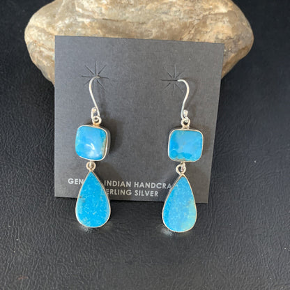 Kingman Turquoise Handmade Navajo Sterling Silver Dangle Earrings 1.5" 14012