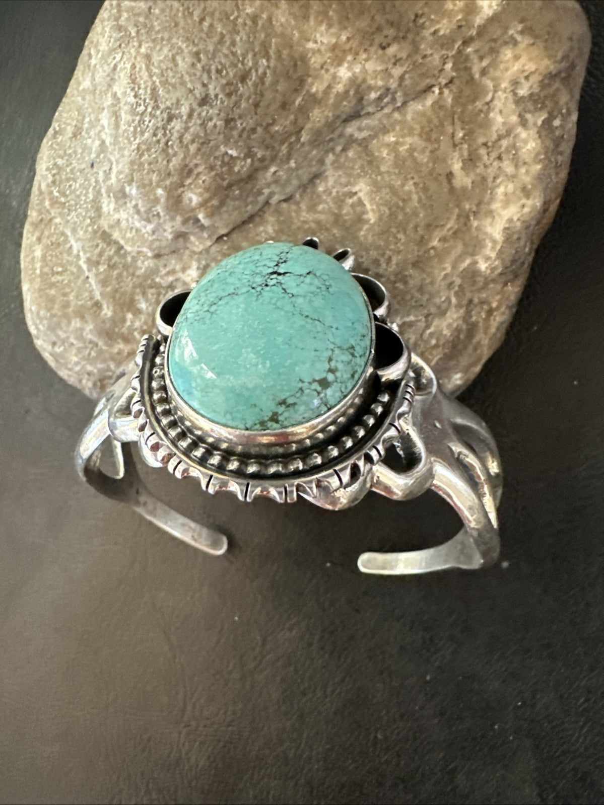 Yazzie Mens Blue Turquoise Navajo Sterling Silver Tufa Cast Cuff Bracelet 19694