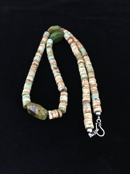 Mens Chunky Green Turquoise Navajo Sterling Silver Heishi Necklace 1797