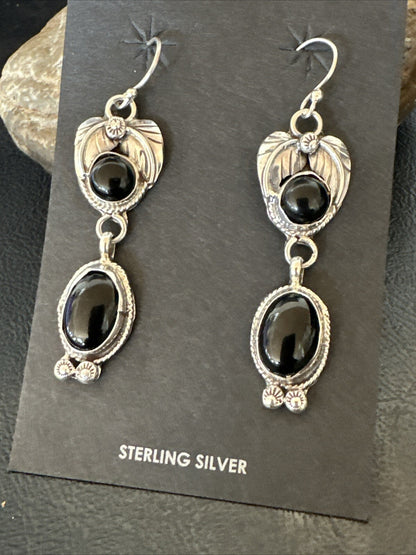 Black Onyx Navajo Sterling Silver Dangle Earrings 1.5" 18293