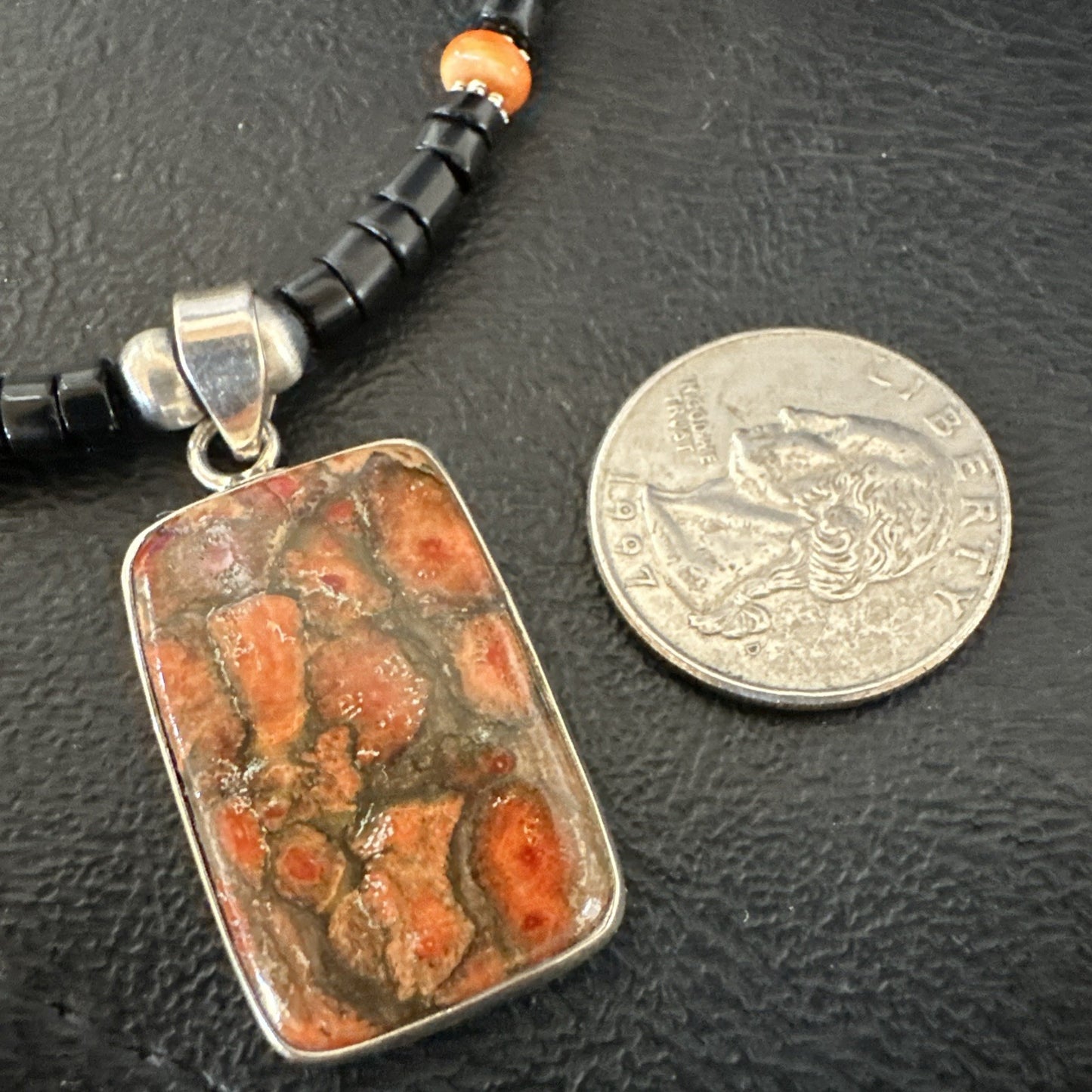 Orange Spiny Black Onyx Navajo Sterling Silver Pendant Necklace 20” 19637