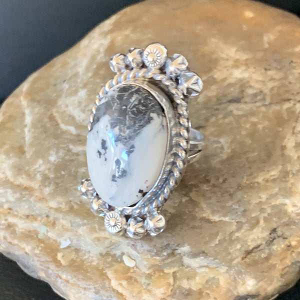 White Buffalo Turquoise Navajo Ring Size 8 | Sterling Silver | Authentic Native American Handmade | 19254