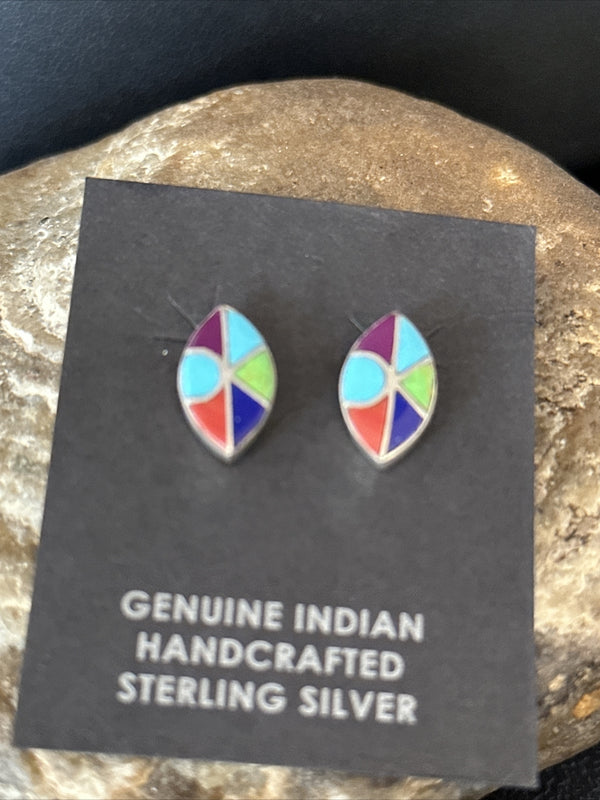 Blue Turquoise Spiny Oyster Navajo Inlay Earrings 0.5" | Sterling Silver | Authentic Native American Handmade | 14767