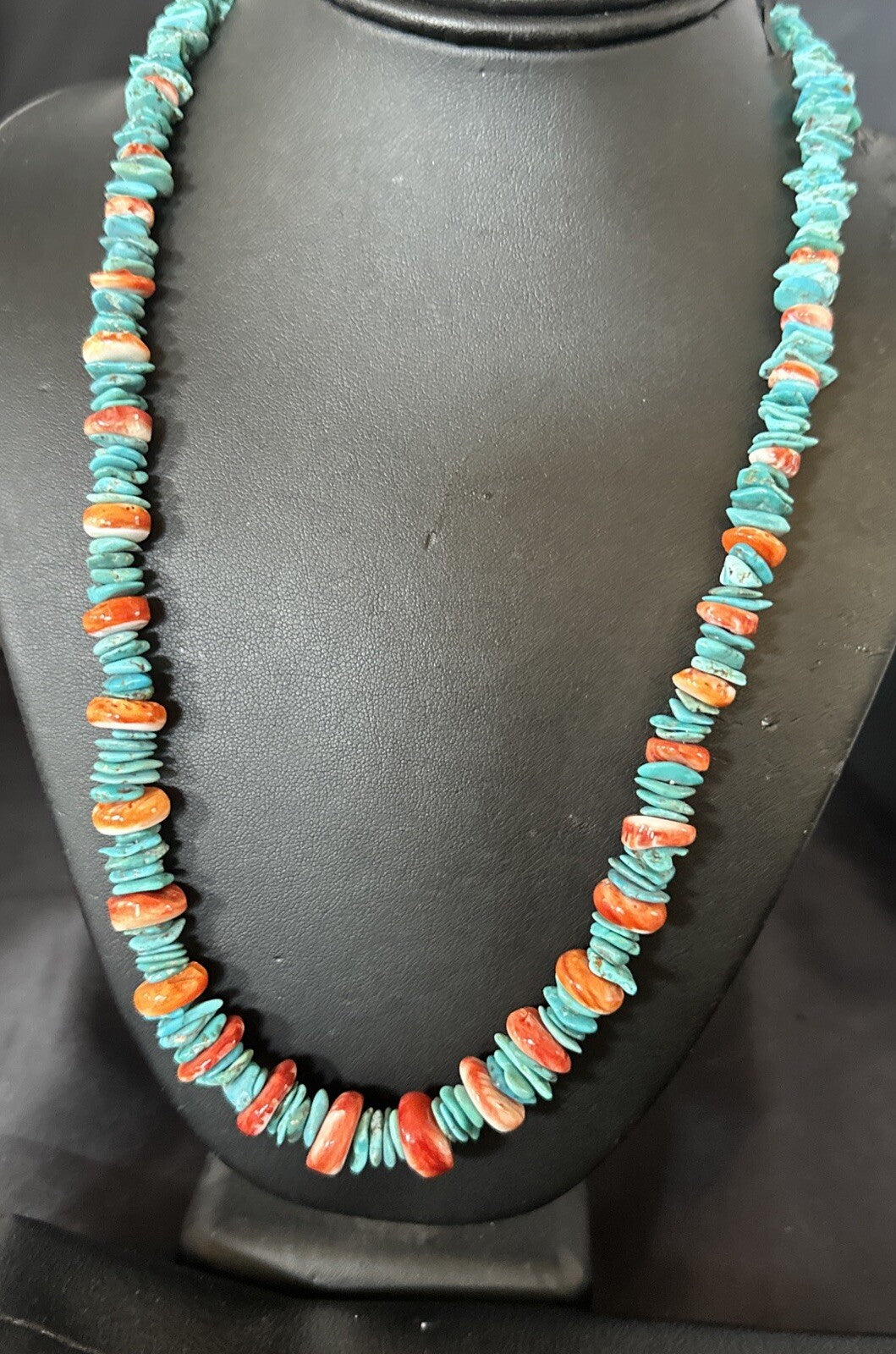 Red Spiny Oyster Blue Turquoise Navajo Sterling Silver Necklace 23" 18267