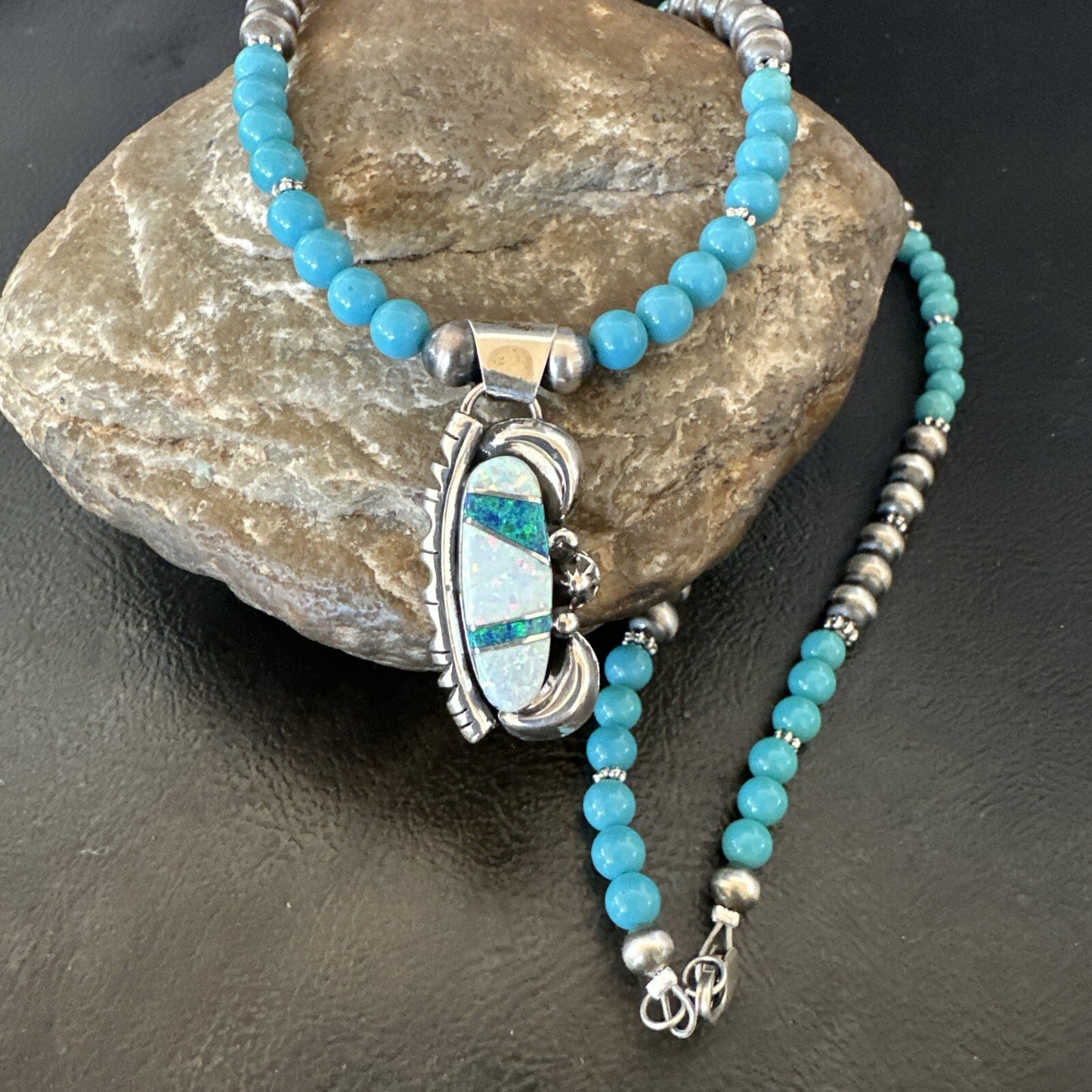 Blue Opal Pendant Turquoise Navajo Sterling Silver Necklace 23" 18735