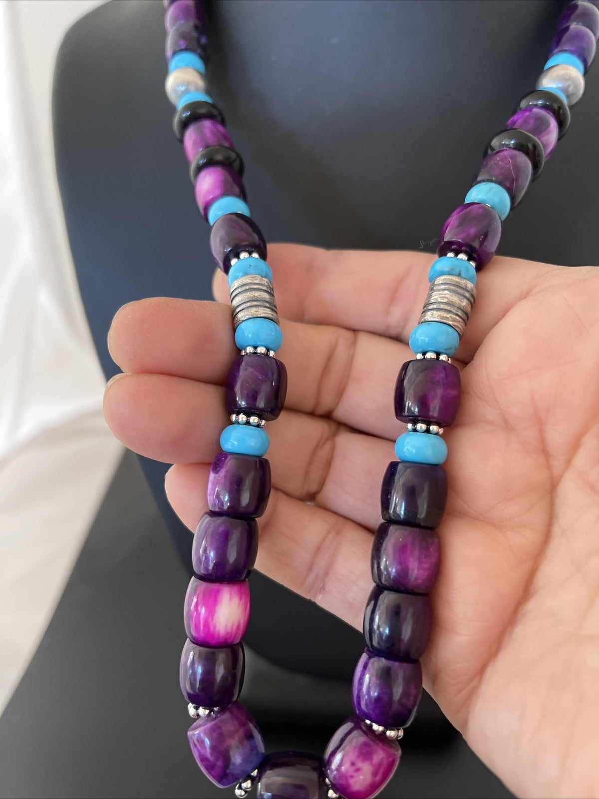 Purple Stone & Turquoise Indian Navajo Pearls Sterling Silver Necklace 01054