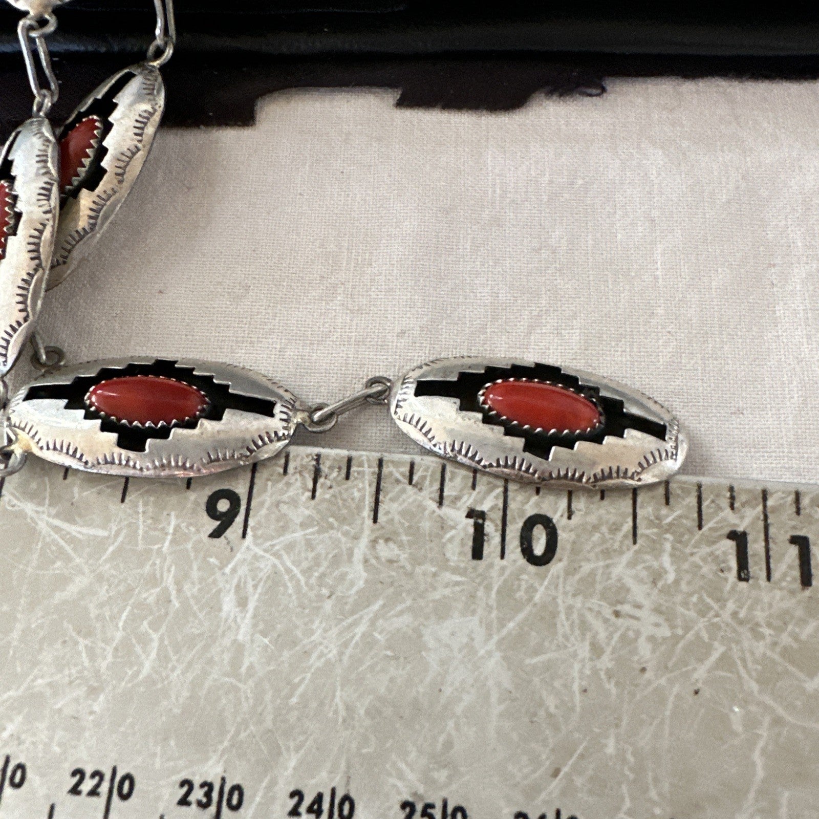 Old Native Navajo Red Coral Sterling Silver Shadowbox Necklace Earrings 18”19101