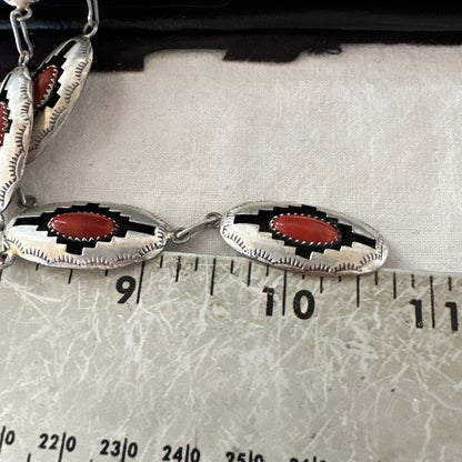 Old Native Navajo Red Coral Sterling Silver Shadowbox Necklace Earrings 18”19101