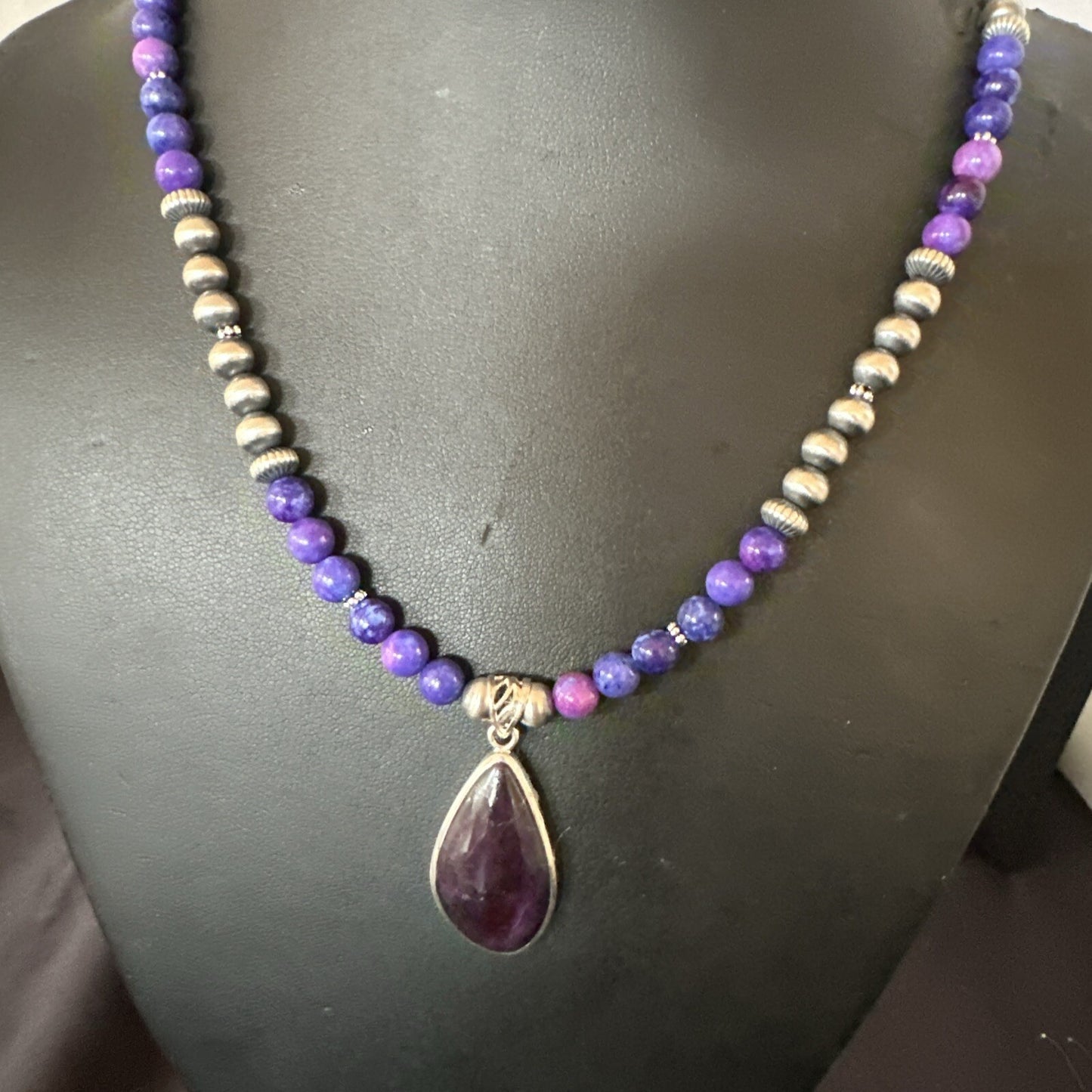 Purple Stone Pendant Navajo Pearls Sterling Silver Necklace 23" 17893