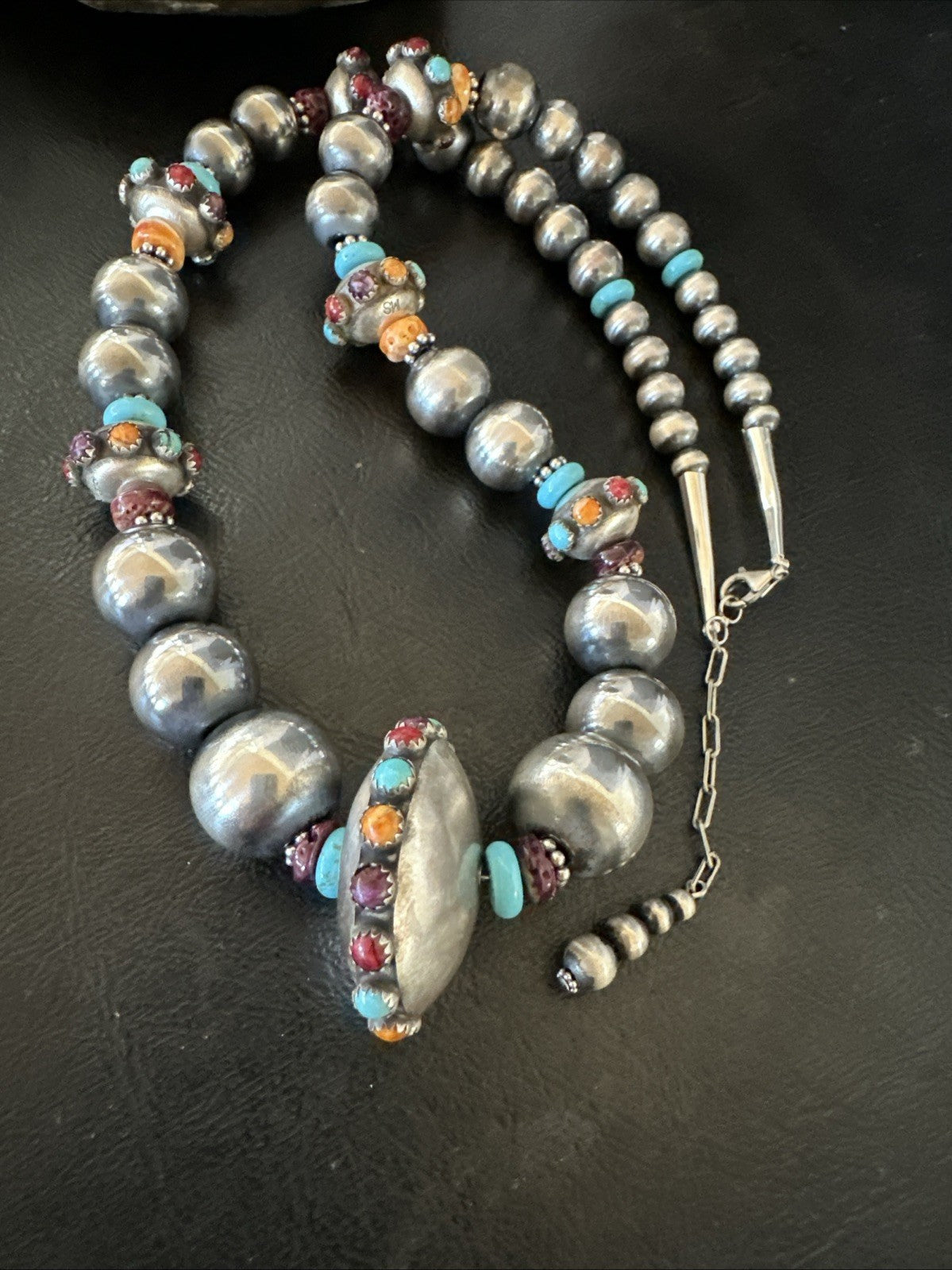 Multicolor Spiny Navajo Pearls Turquoise Sterling Silver Necklace 23” 19447