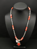 Red Spiny Oyster Pendant Navajo Pearls Necklace | Sterling Silver | Authentic Native American Handmade | 2685