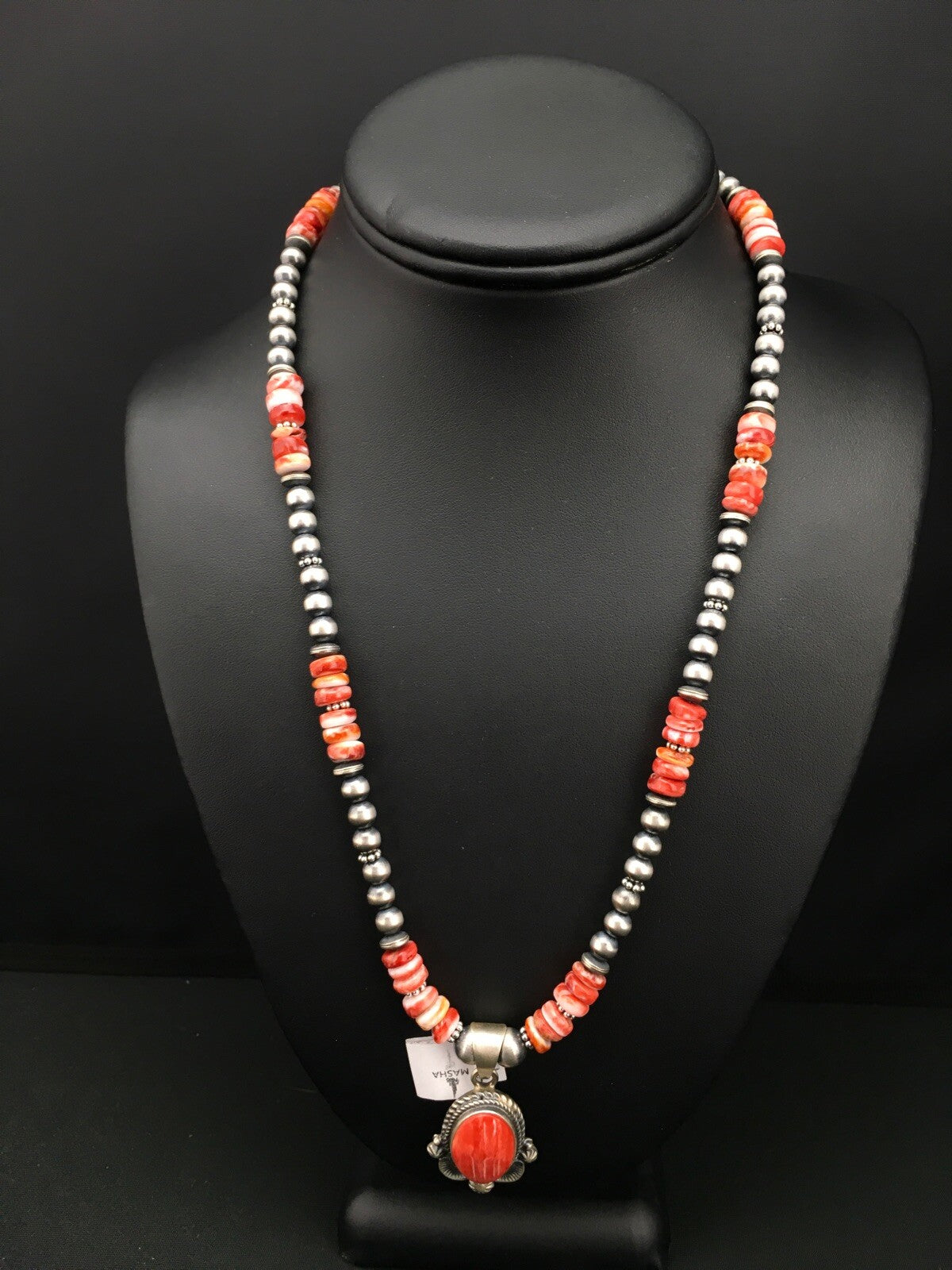 Red Spiny Oyster Pendant Navajo Pearls Sterling Silver Necklace 2685