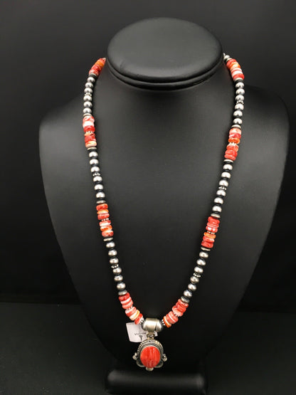Red Spiny Oyster Pendant Navajo Pearls Sterling Silver Necklace 2685