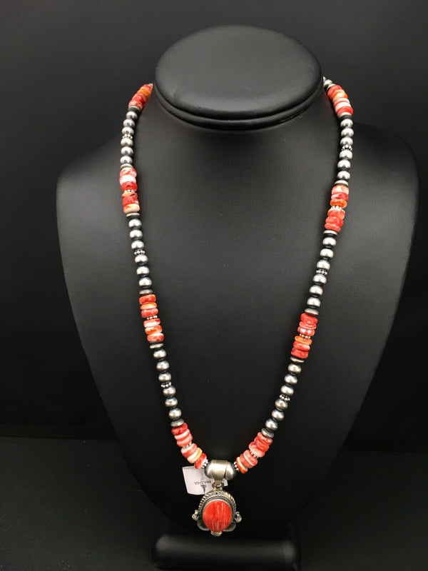 Red Spiny Oyster Pendant Navajo Pearls Necklace | Sterling Silver | Authentic Native American Handmade | 2685