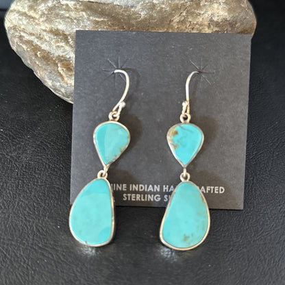 Blue Kingman Turquoise Navajo Sterling Silver Dangle 1.5" Earrings 14576