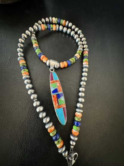Turquoise Spiny Oyster Inlay Pendant Navajo Sterling Silver Necklace 21" 18822
