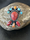 Cluster Blue Turquoise Spiny Oyster Ring Size 7.5 | Sterling Silver | Authentic Native American Handmade | 18565