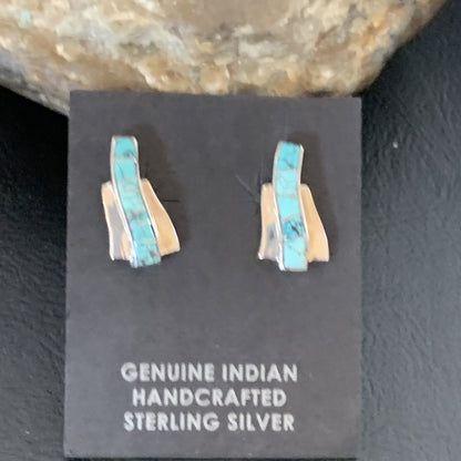 Womens Blue Spider Web Turquoise Navajo Sterling Silver Inlay Earrings 12901