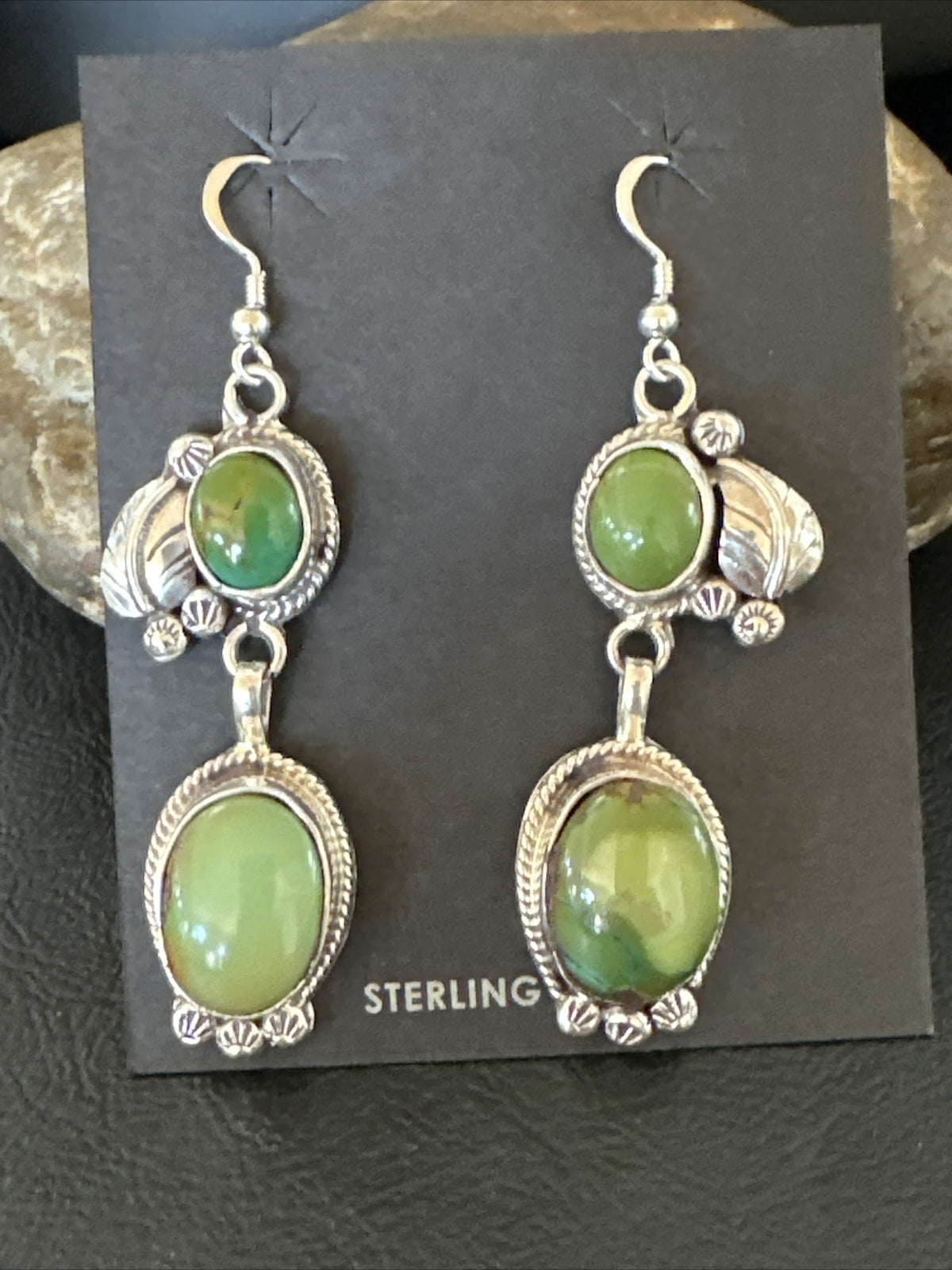 Native Navajo Green Turquoise Sterling Silver Dangle Earrings 2” 17697