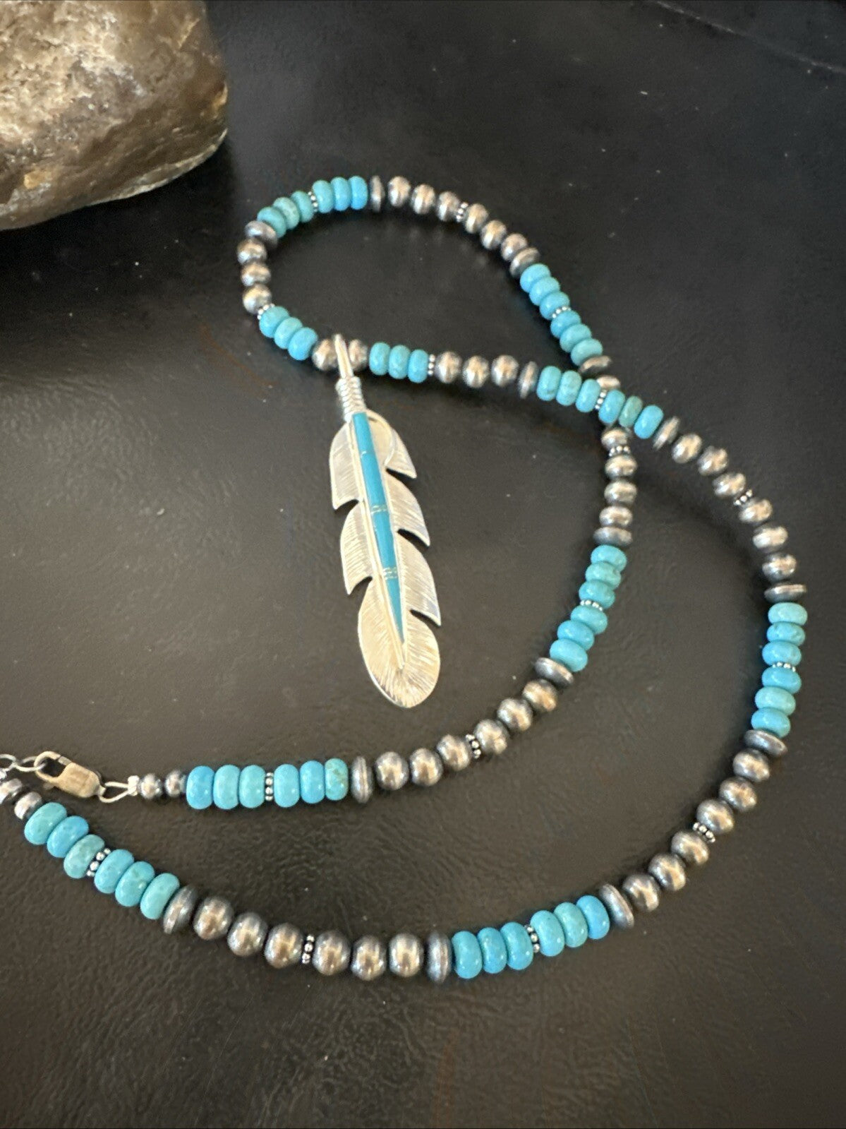 Mens Feather Turquoise Pendant Navajo Sterling Silver Necklace 18668
