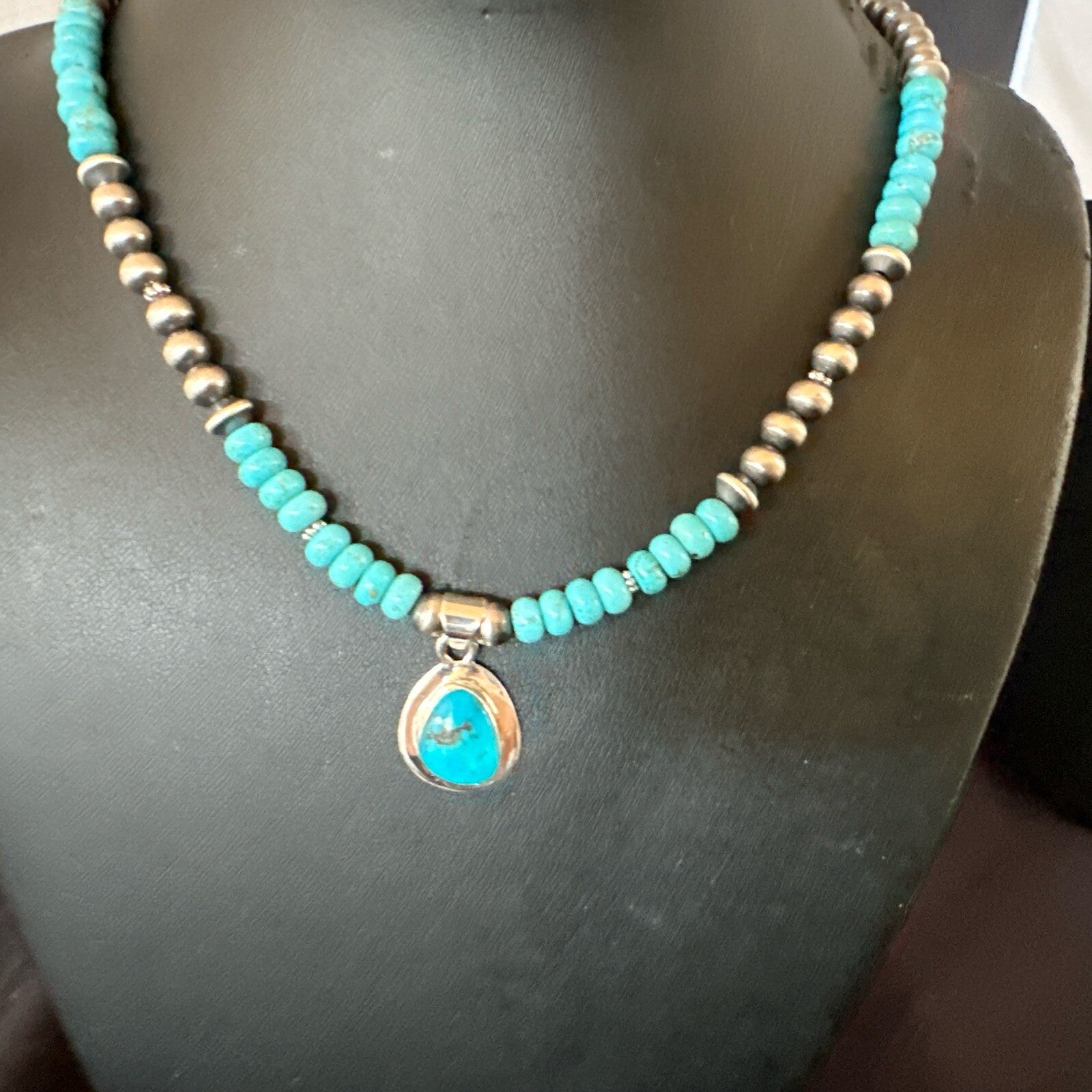 WoMens Blue Kingman Turquoise Pendant Navajo Sterling Silver Necklace 21" 17977