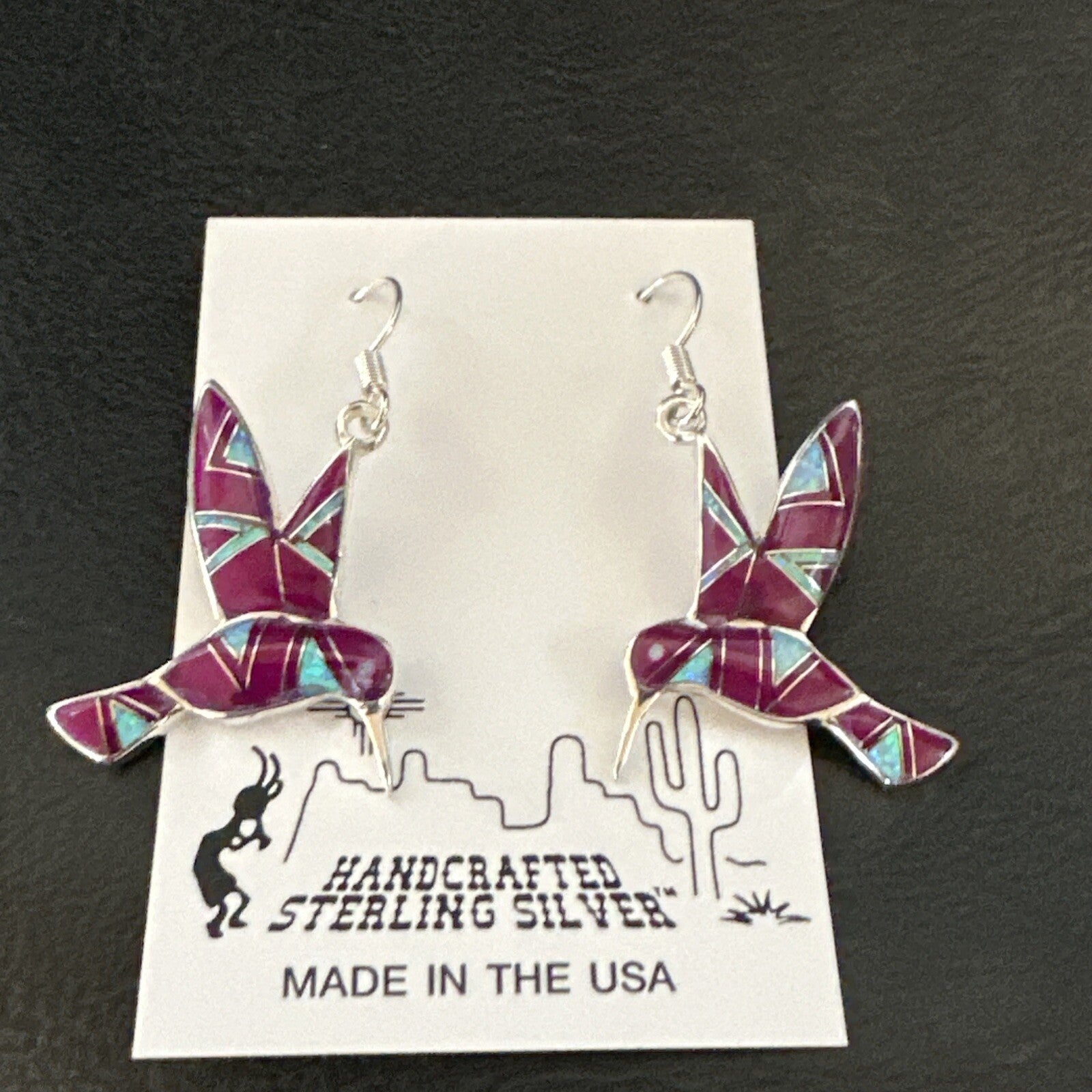 Purple Sugilite Opal Sterling Silver Hummingbird Dangle Earrings 18551