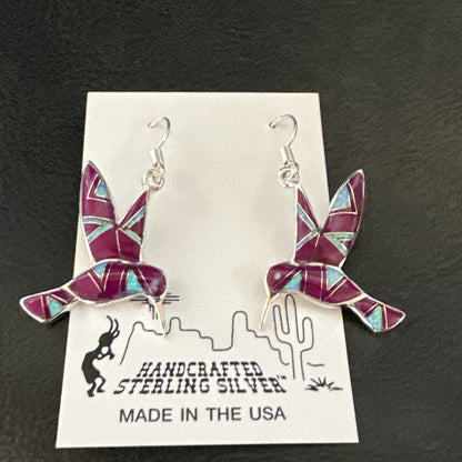 Purple Sugilite Opal Sterling Silver Hummingbird Dangle Earrings 18551