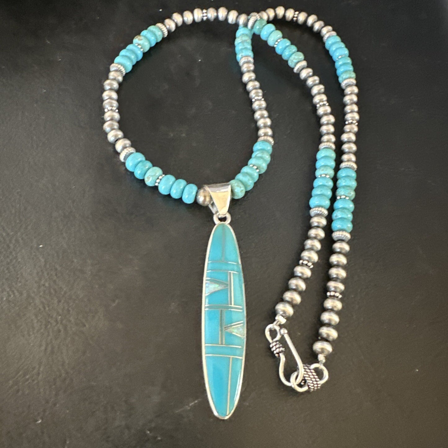 Blue Turquoise Pendant Navajo Pearls Sterling Silver Necklace 15425