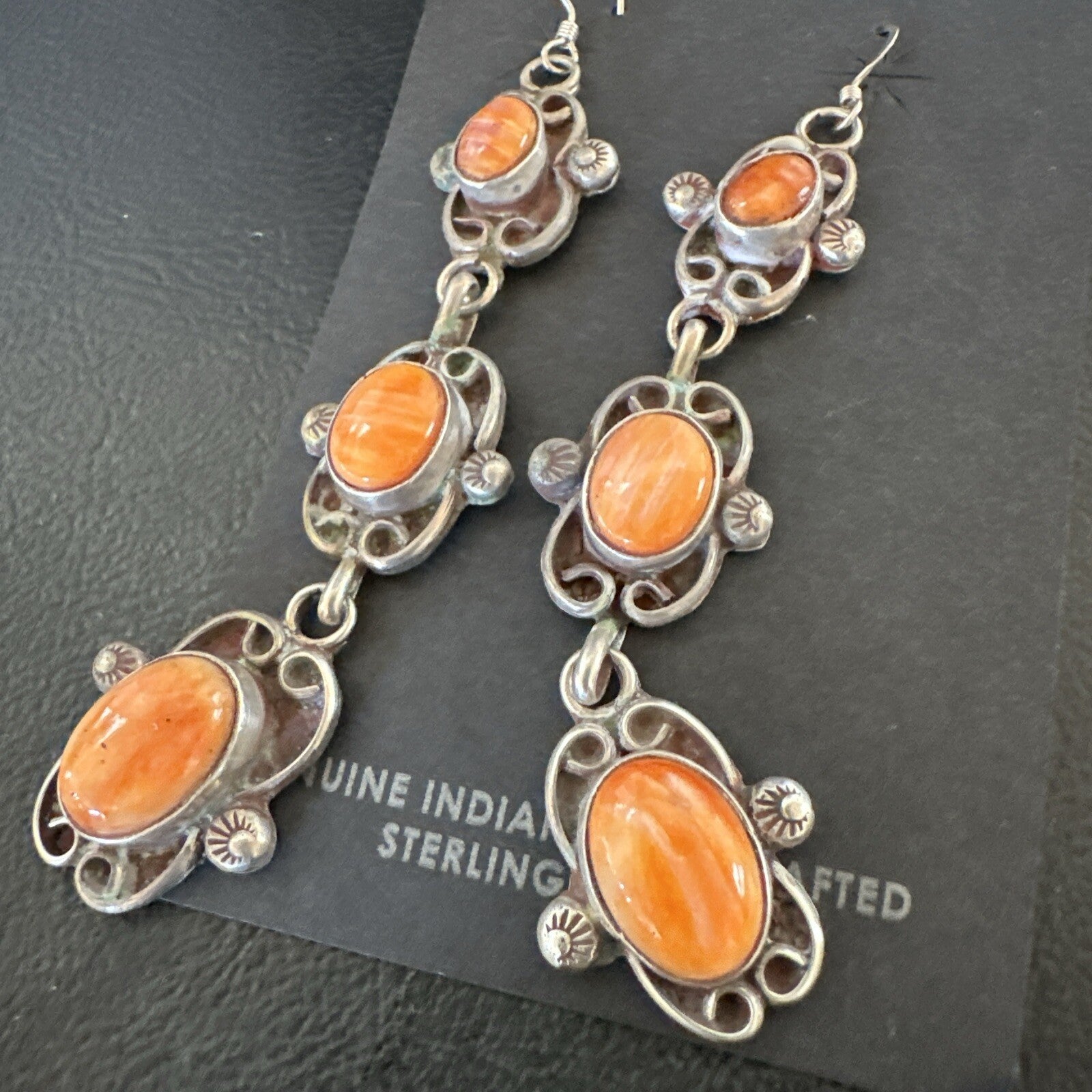 Native Navajo Sterling Silver Orange Spiny Oyster Dangle Earrings 1227