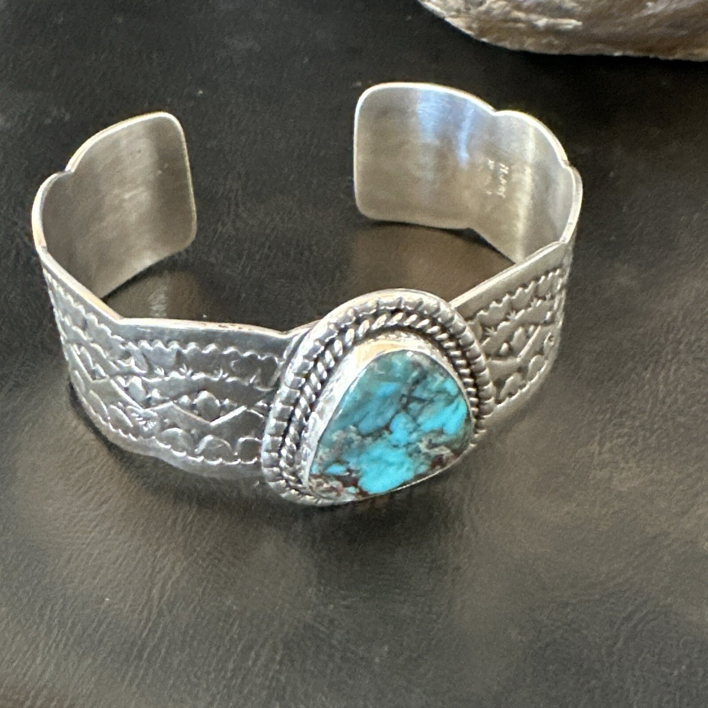 Navajo Blue TURQUOISE Stamped Sterling Silver Cuff Bracelet 8.3" 18716