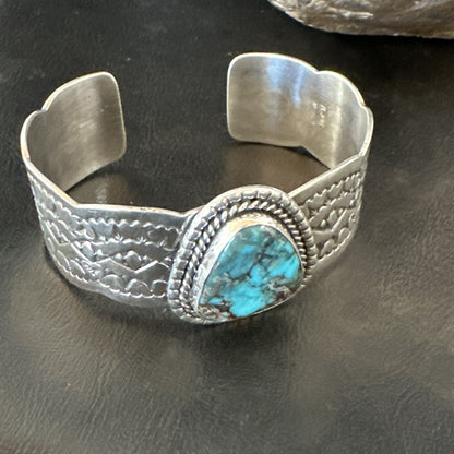 Navajo Blue TURQUOISE Stamped Sterling Silver Cuff Bracelet 8.3" 18716