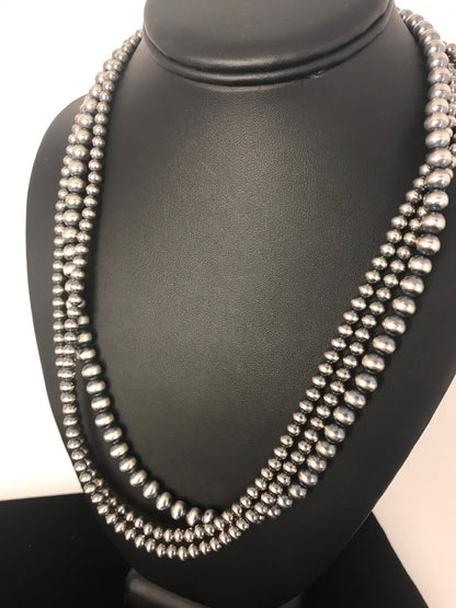 Native American 4, 5, 6 mm Sterling Silver Beads 3 Strand 30” Necklace