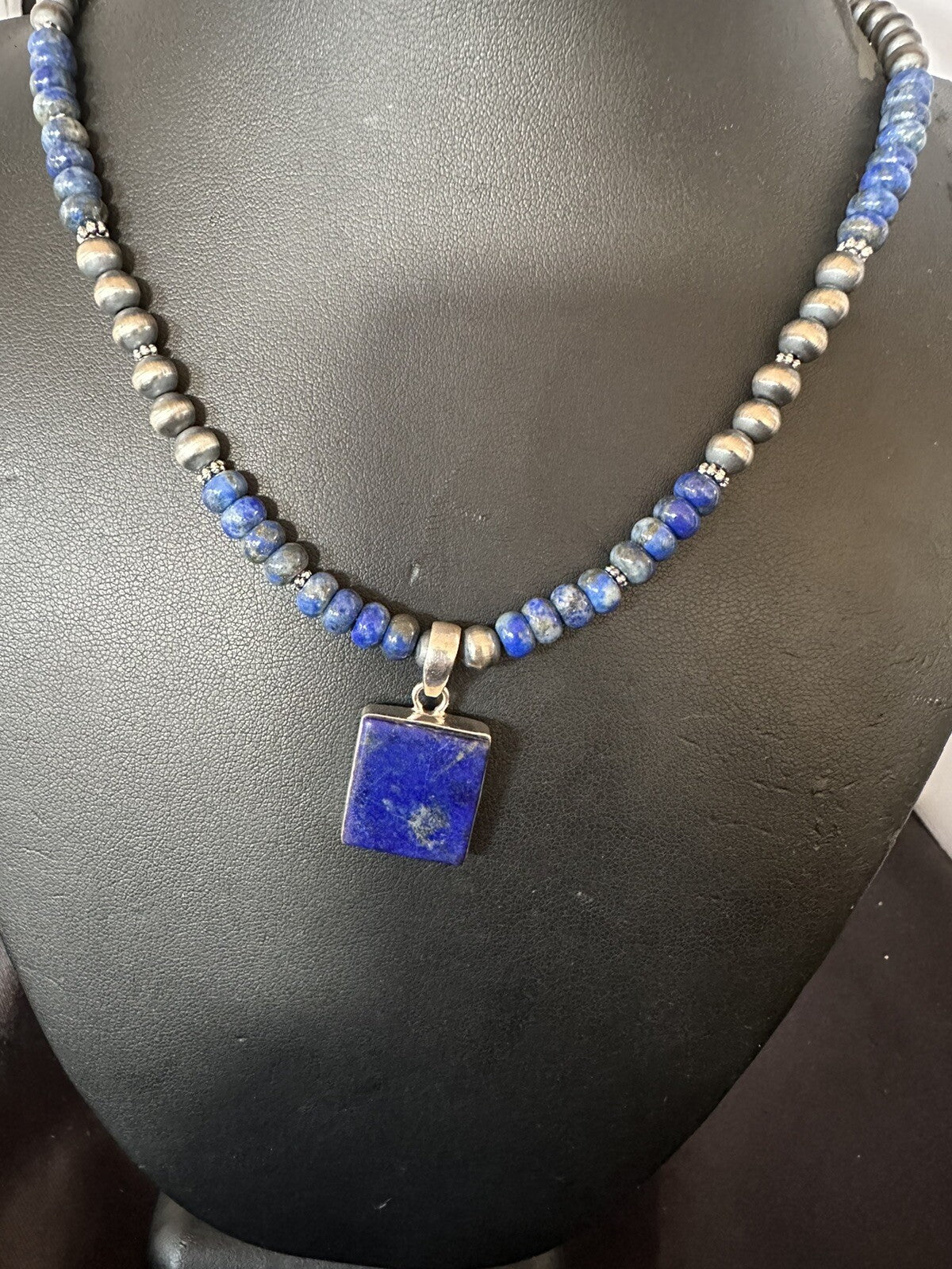 Mens Womens Blue Lapis Navajo Sterling Silver Cluster Pendant Necklace 21” 18341