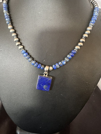 Mens Womens Blue Lapis Navajo Sterling Silver Cluster Pendant Necklace 21” 18341
