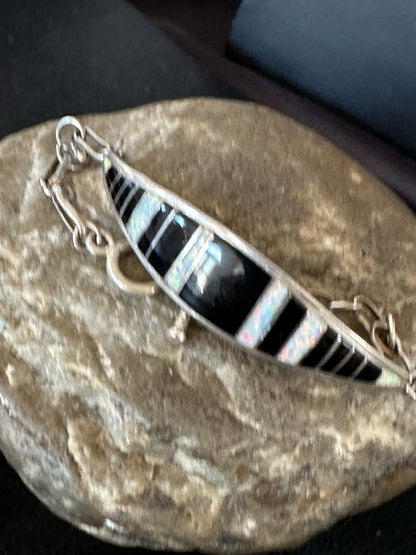 Inlay Bracelet Black Onyx Navajo Old Pawn Sterling Silver Link Bracelet 7" 19793
