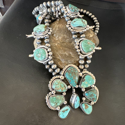 Green Royston Turquoise Navajo Squash Sterling Silver Naja Necklace 18236