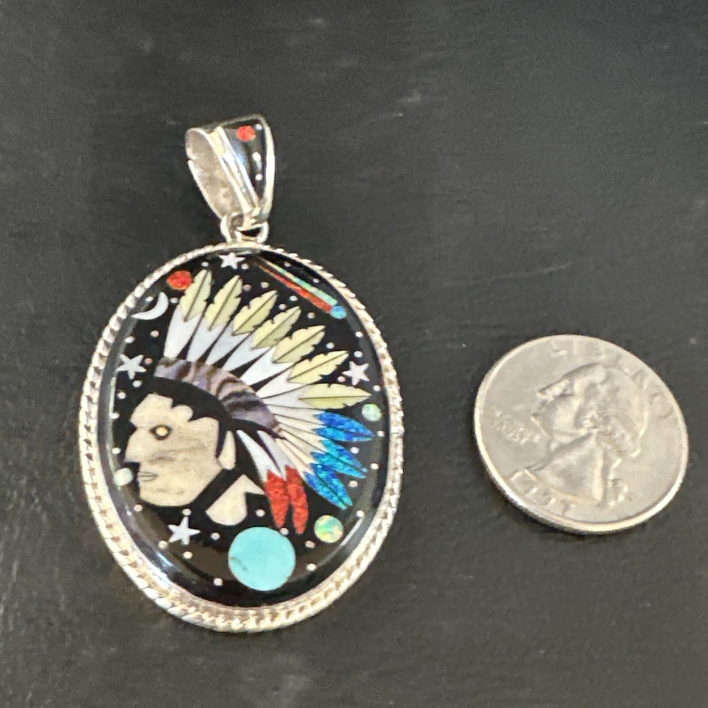 Turquoise Navajo Sterling Silver IndianHead MultiColor Inlay Pin Pendant 15156
