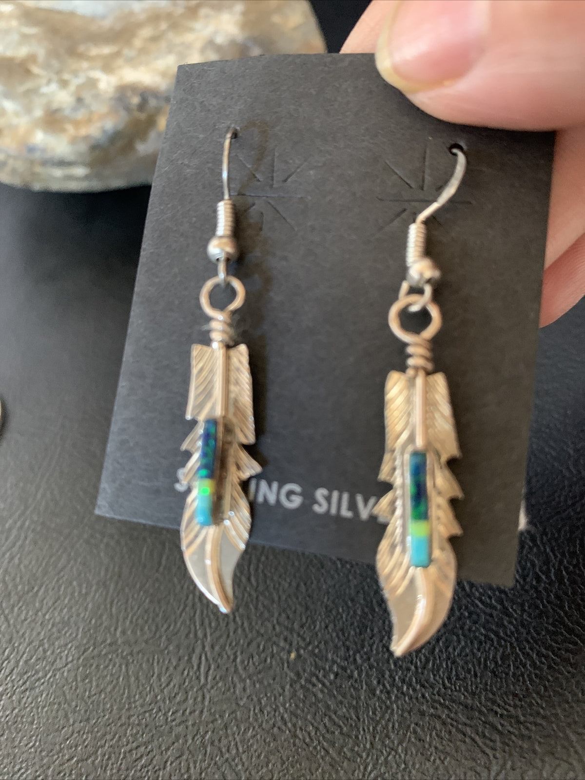 Blue Turquoise Sterling Silver Navajo Handmade Inlay Feather Earrings 13086