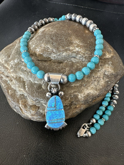 Blue Opal Pendant Turquoise Navajo Sterling Silver Necklace 23" 18734