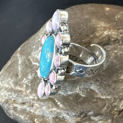 Cluster Ring Handmade Navajo Pink Conch Turquoise Sz 7 18789
