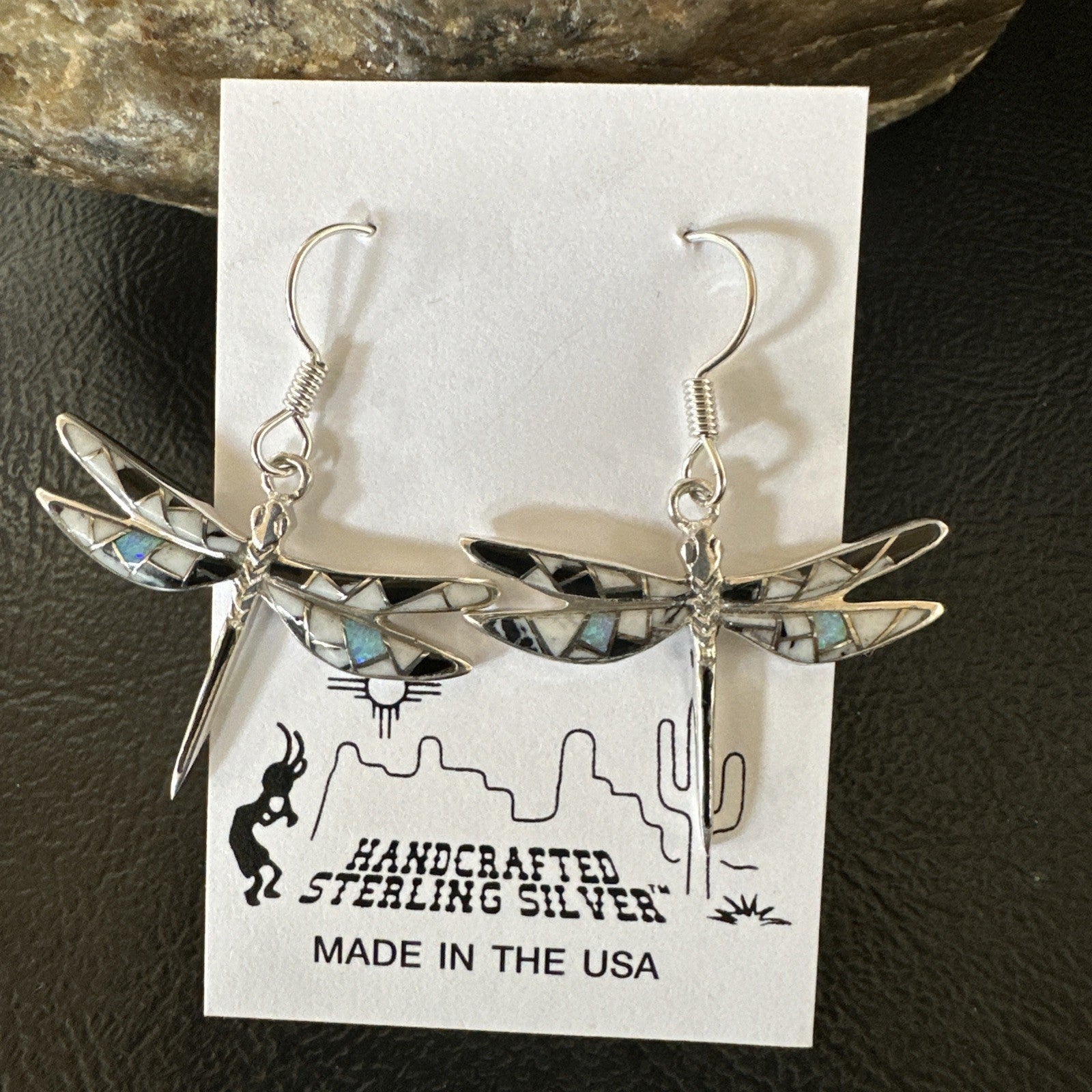 White Buffalo Turquoise Onyx Opal Navajo Sterling Silver Inlay Earrings 1" 18548