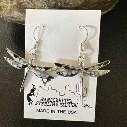 White Buffalo Turquoise Onyx Opal Navajo Sterling Silver Inlay Earrings 1" 18548