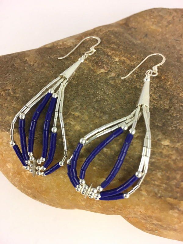 Lapis Lazuli Heishi Tube Liquid Dangle Earrings 2" | Sterling Silver | Authentic Native American Handmade | 08876