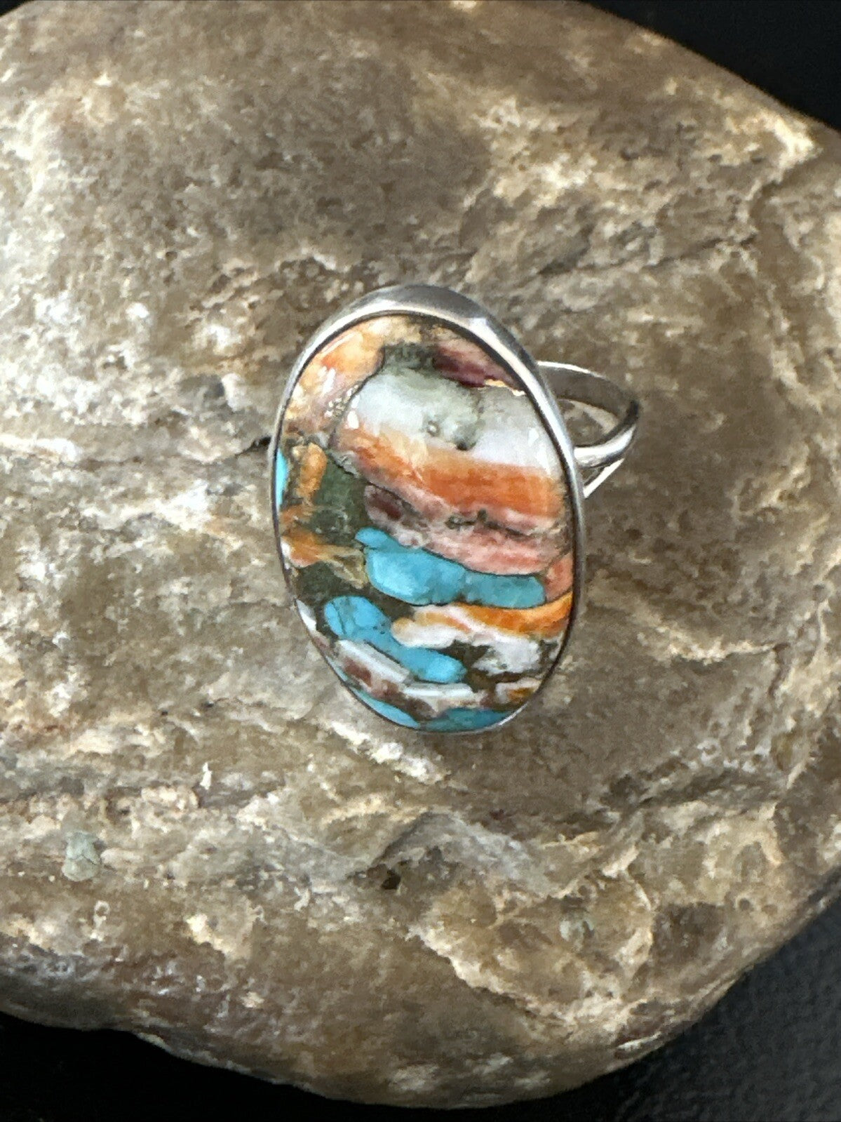 Blue Turquoise Orange Spiny Oyster Navajo Sterling Silver Ring Size 10 18208