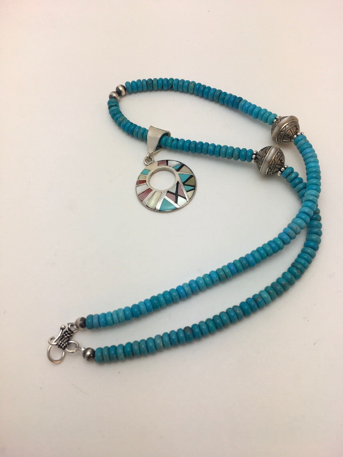 Blue Turquoise Mother Of Pearl Inlay Pendant Sterling Silver Necklace 08902